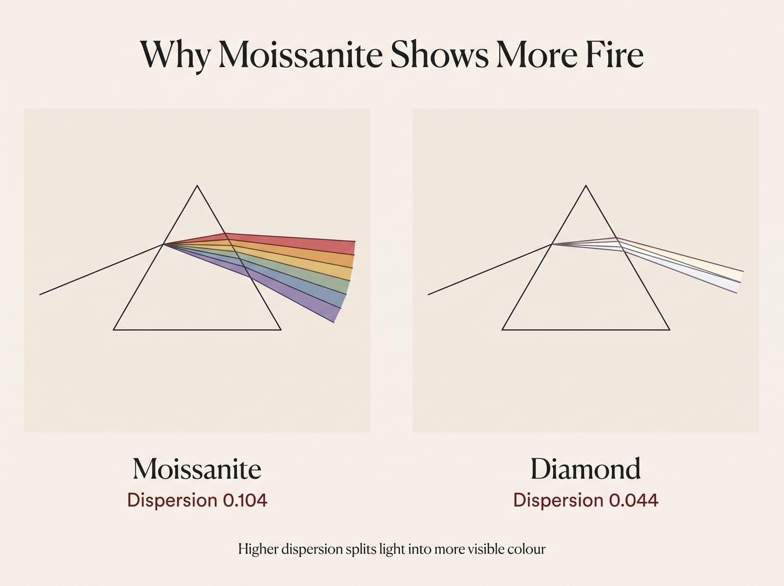 Why moissanite shows more fire than diamond: light passing through a prism splits into a wide colour fan at moissanite's dispersion of 0.104 and a narrow, mostly white fan at diamond's 0.044