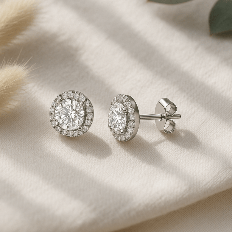 Round Halo Moissanite Studs NZ bridal jewellery detail